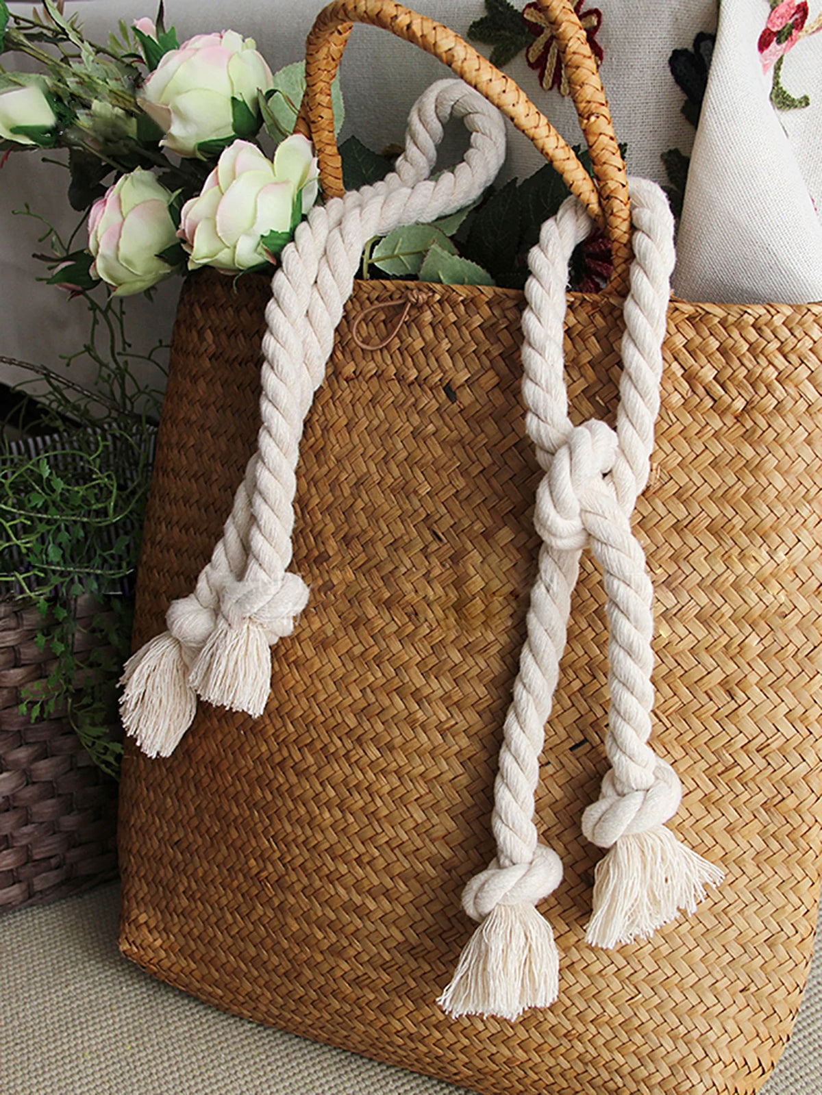corde décorative rideau tieback blanc tissé rustique 80cm boucles pomponsextérieur