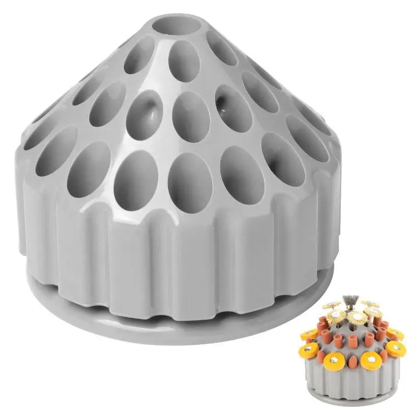 rangement support outils gris perforations moderne ensemble embouts rouges jaunes dorés atelier bijouterie
