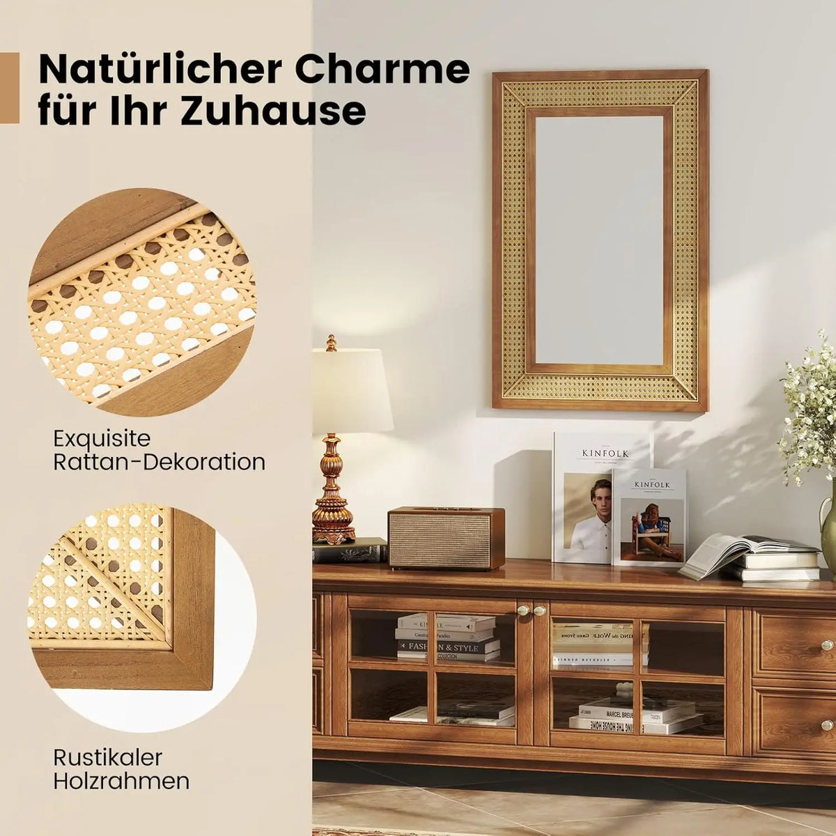 Miroir rotin accroché verticalement