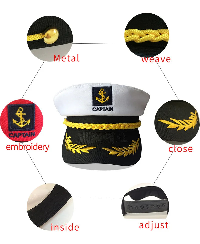 chapeau marin brodé ancre captain feuilles dorées ajustable noir blanc anniversaire mariage fête