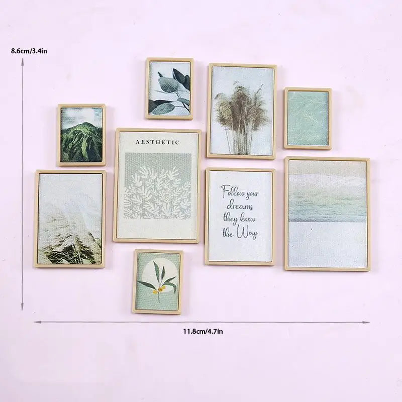 cadres photo miniatures vintage plantes bois clair paysages illustrations bleu gris minimalistes modernes