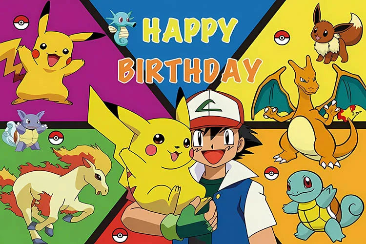 décoration anniversaire enfant pikachu happy birthday fond illustration vinyle poster Jaune Bleu