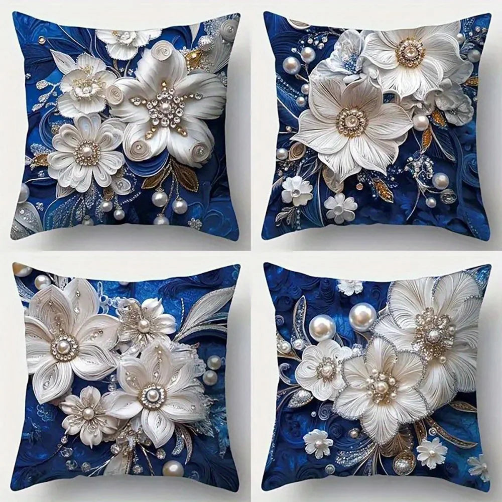 coussin élégant bleu fleurs dorées classique 45x45cm polyester casa chambre decoration