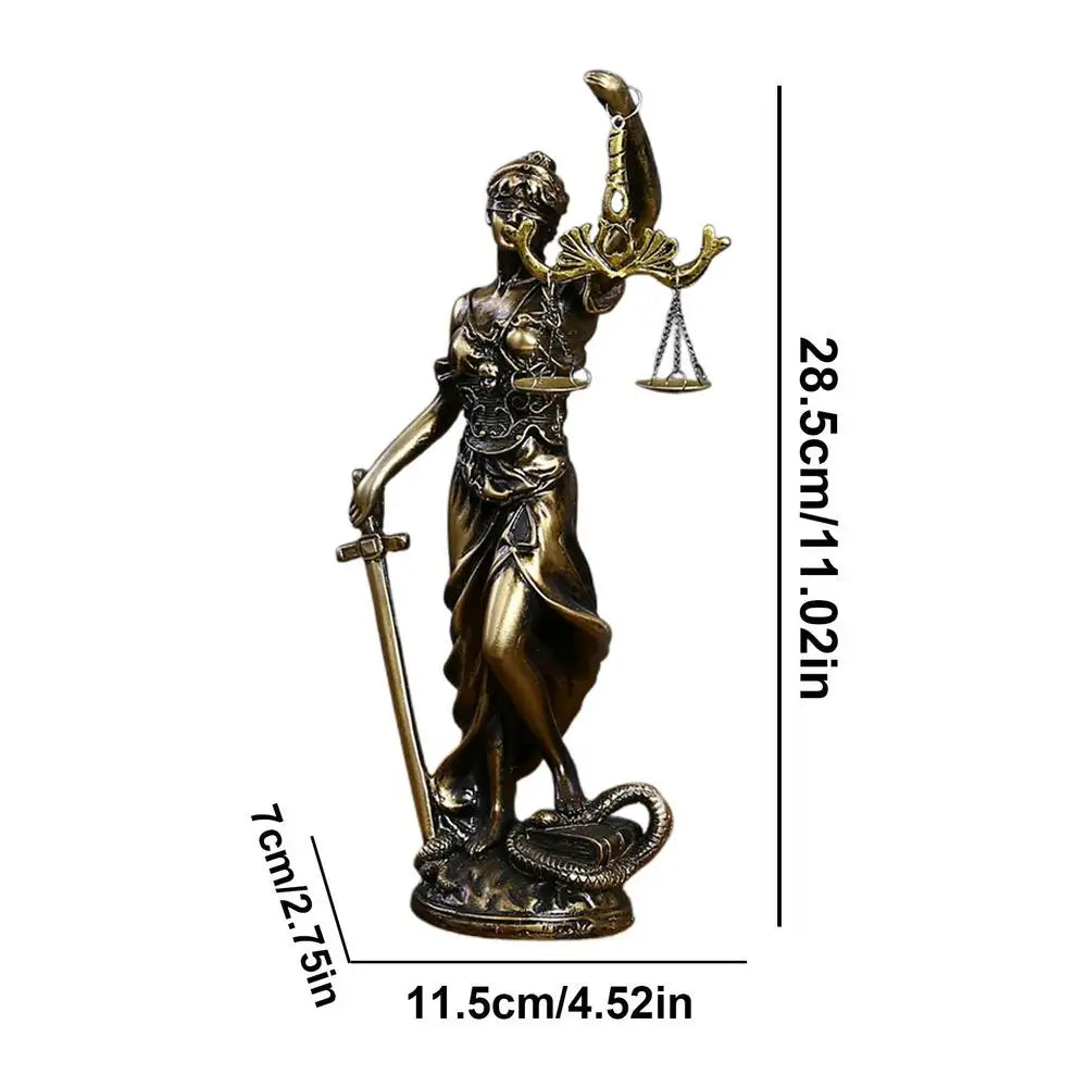 statue dorée déesse justice époque classique résine détails sculpturaux balance épée serpent décoration maison