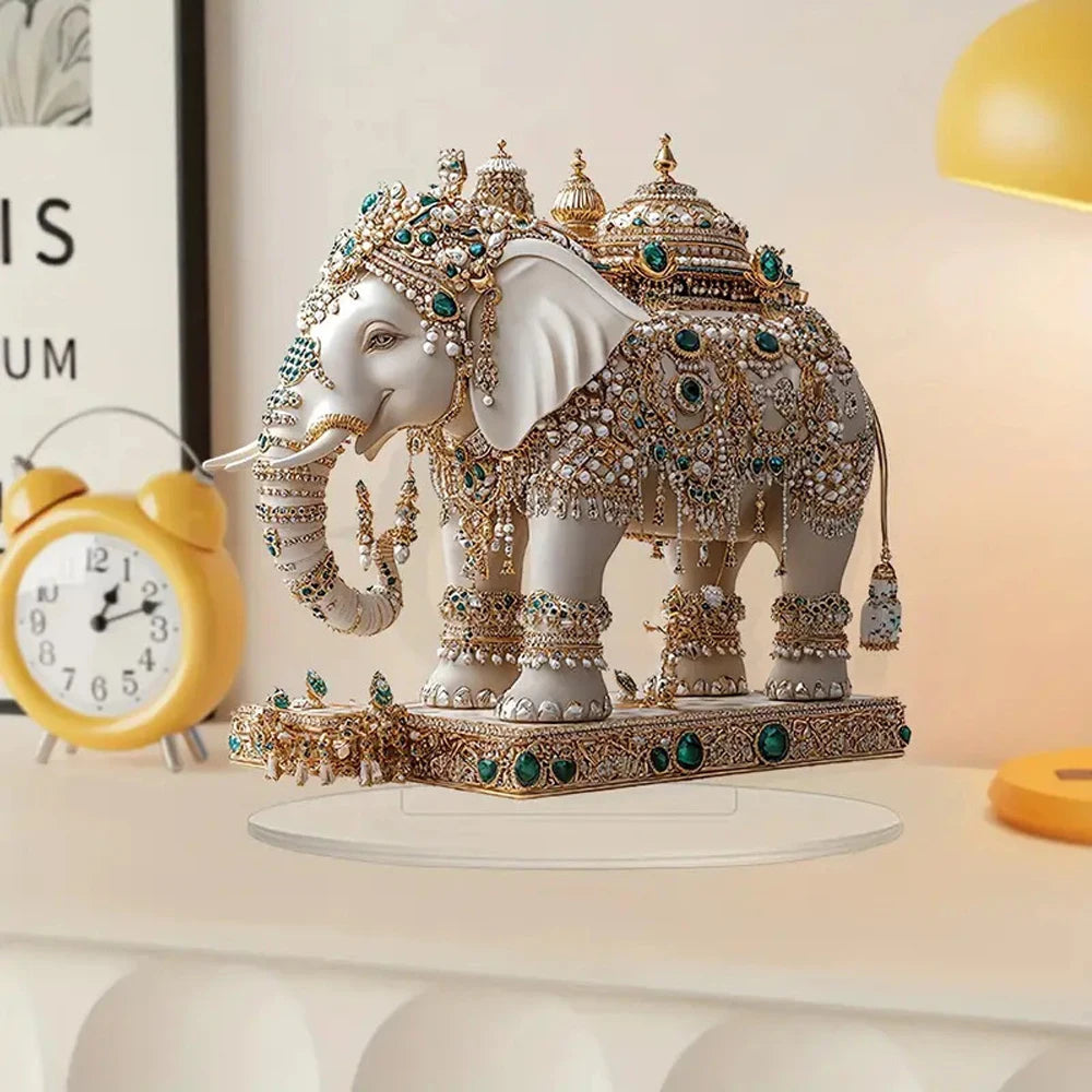 statue élégante éléphant blanc doré artisanal support transparent traditionnel ornement diamants
