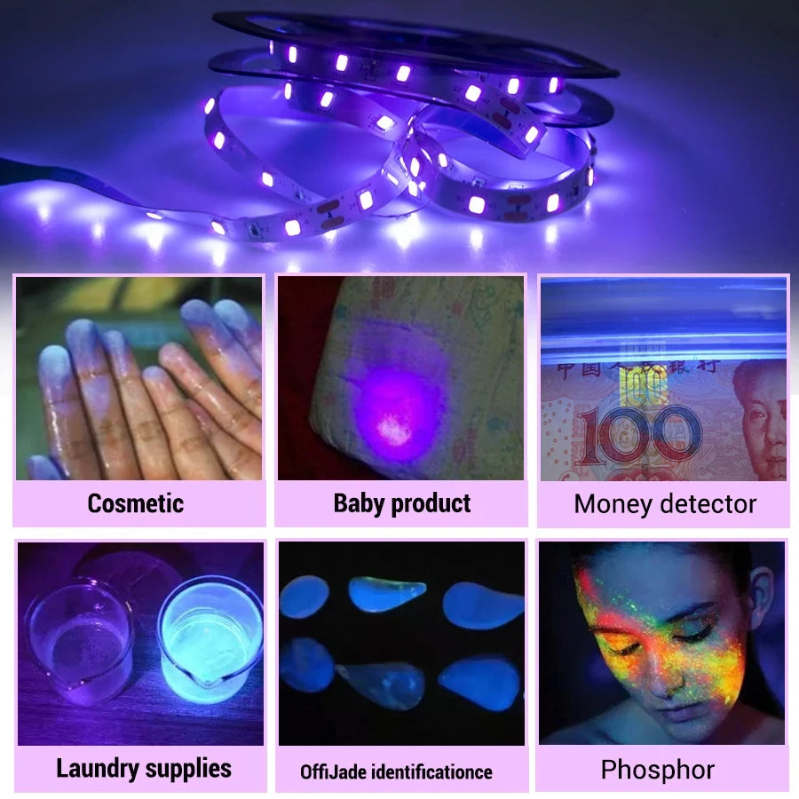 bande lumineuse led uv 12v 5m spirale violet moderne cosmétiques billets linge pierres