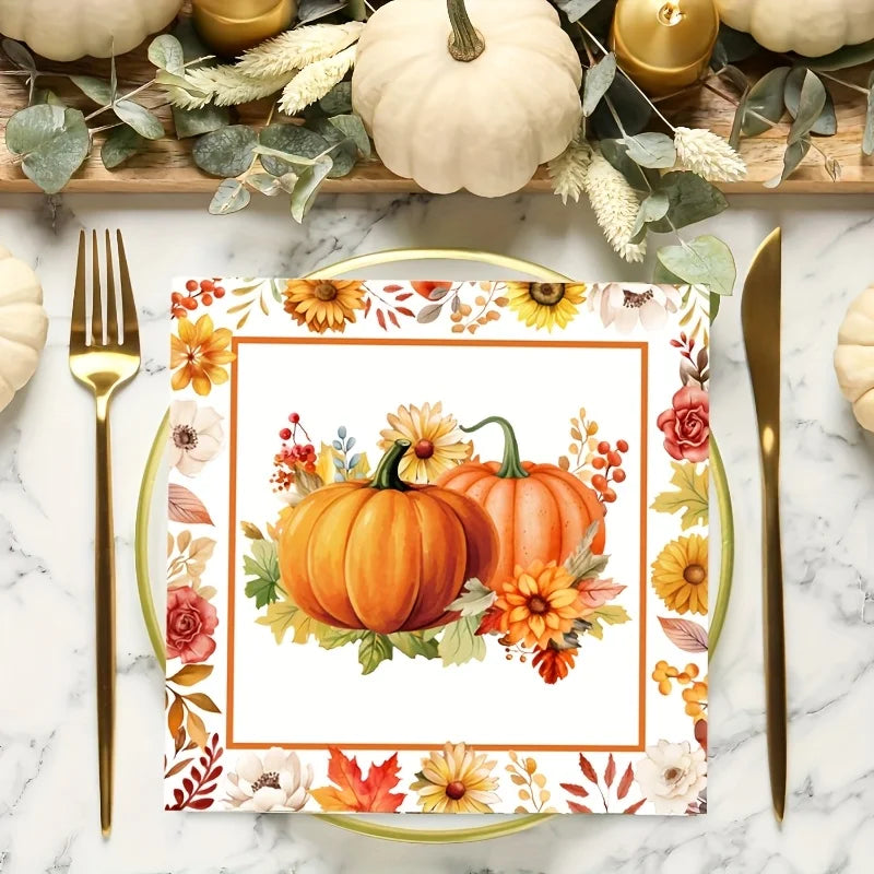 serviettes table imprimées citrouilles feuilles d'automne orange blanc marron vert rouge jaune