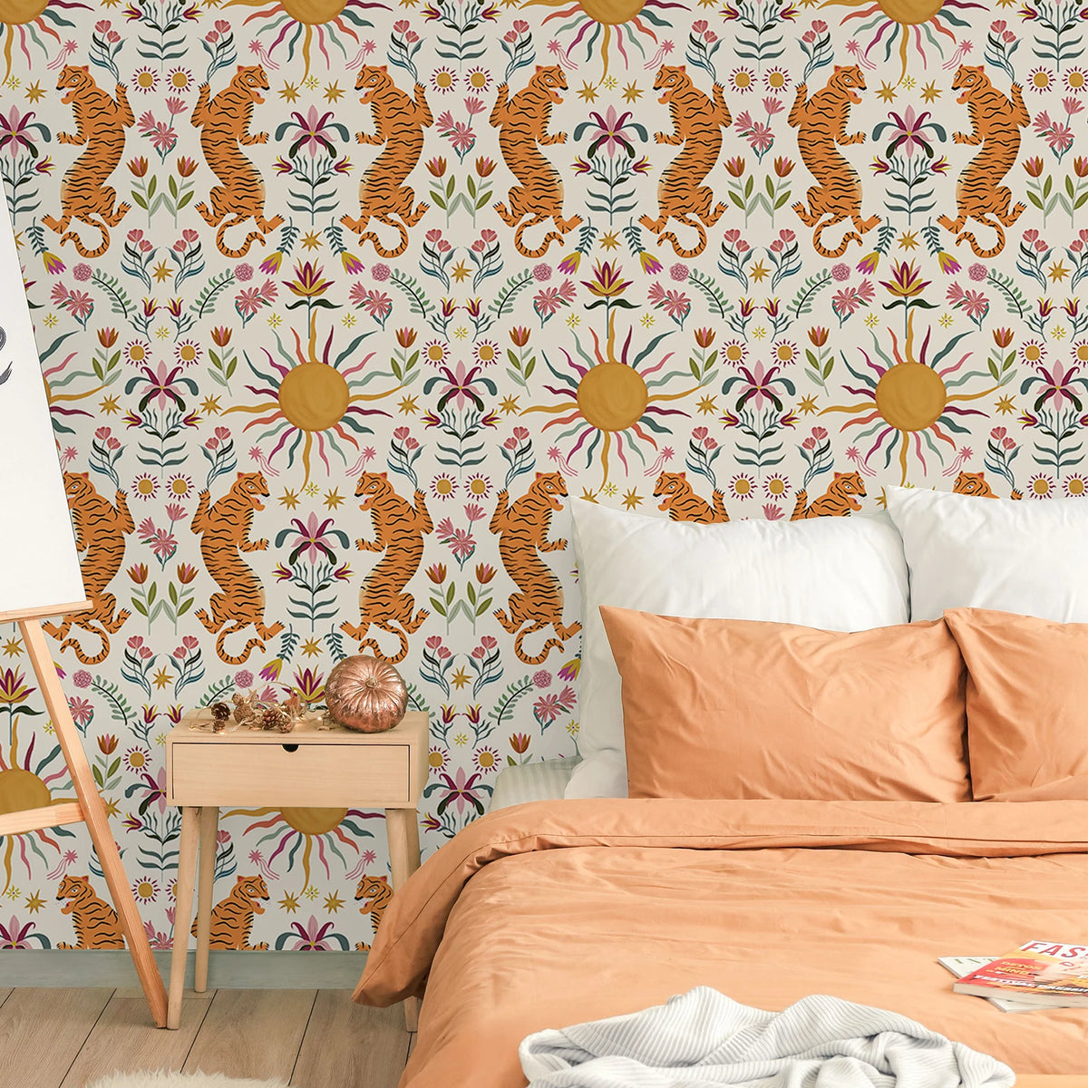 papier peint vinyle tigres sautant fleurs soleils boho chic salon chambre enfant cuisineOpaque Jaune