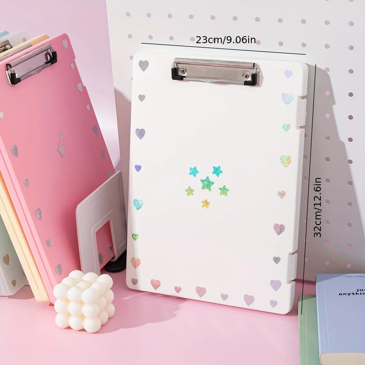 porte dossiers a4 moderne bleu clair vert rose jaune violet clips métalliques points blancs