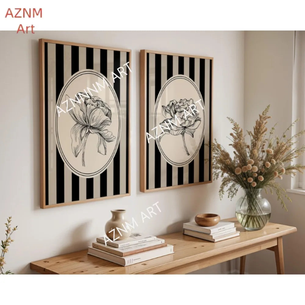affiche art minimaliste fleur ovale rayures horizontales noir blanc beige cadre bois decoration murale