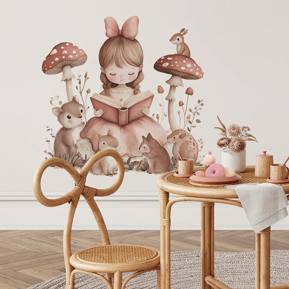 sticker mural illustration fille lisant rose beige marron cartoon adhésif chambre salon