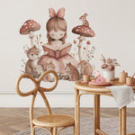 sticker mural illustration fille lisant rose beige marron cartoon adhésif chambre salon