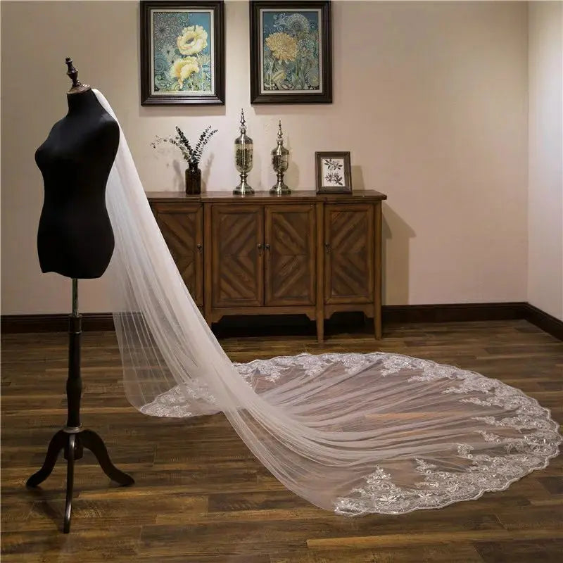 voile mariée blanc broderie florale translucide classique paillettes bord dentelle polyester