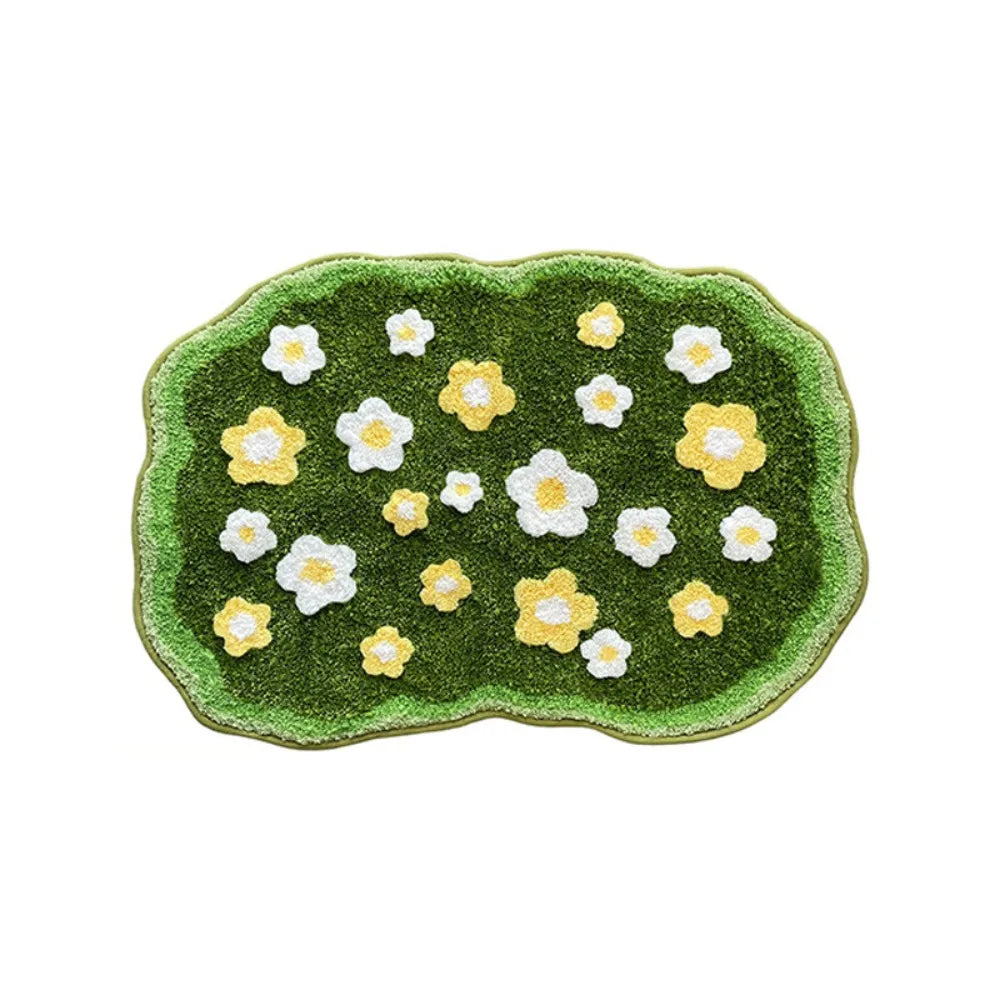 tapis bain pelucheux motif fleurs vert blanc jaune doux salle bain maison