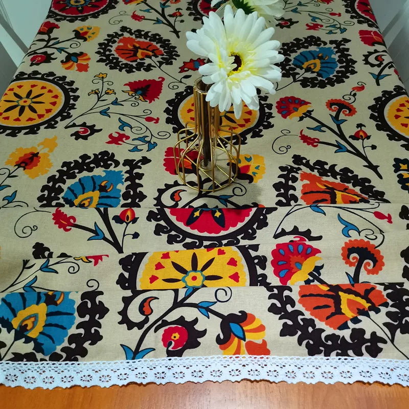 nappe rectangulaire lin coton couleur fleur soleil ethnique traditionnelle fête mariage restaurant salonextérieur
