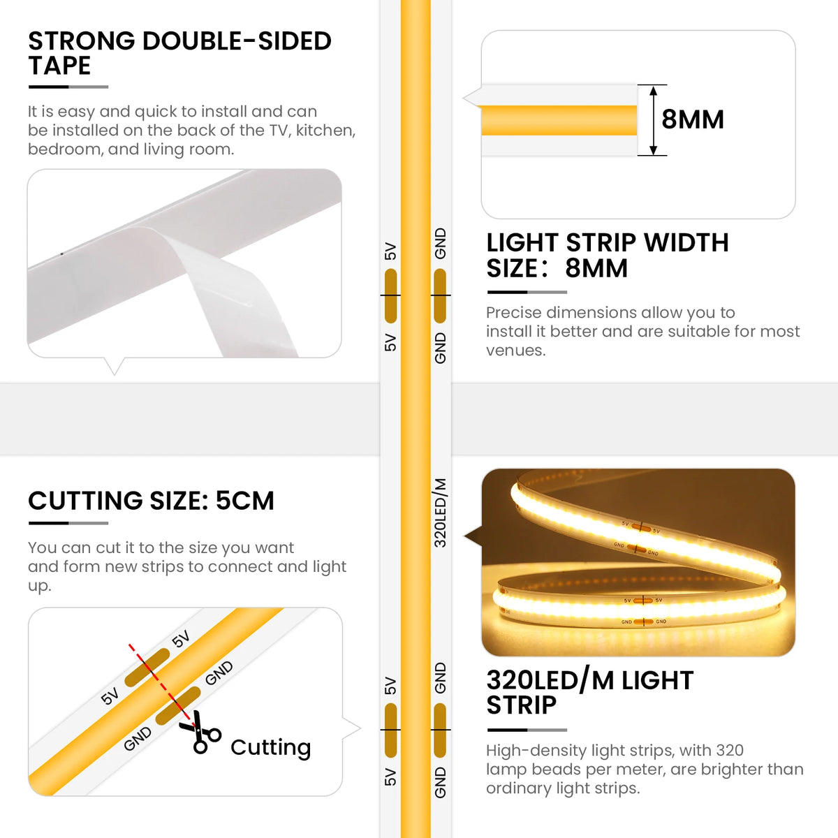 ruban led flexible 320 led blanc jaune gris moderne double face adhésive 5v 3000k