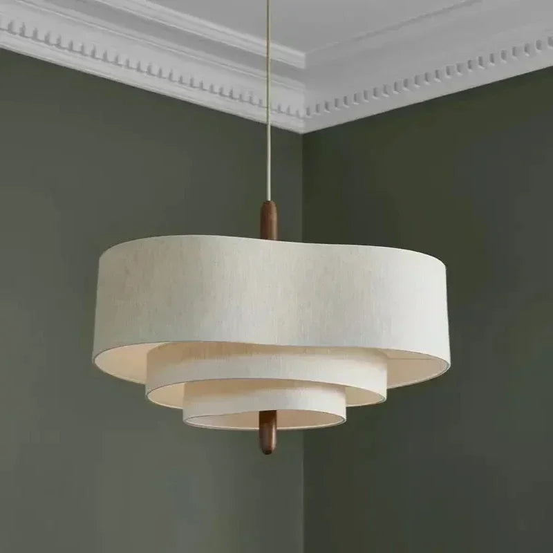 Suspension lumineuse tissu beige clair moderne chaîne métallique salon chambre principal led