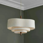 Suspension lumineuse tissu beige clair moderne chaîne métallique salon chambre principal led