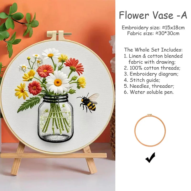 kit broderie fleurs vases multicolore traditionnel anneaux bois guide couture aiguilles fil coton