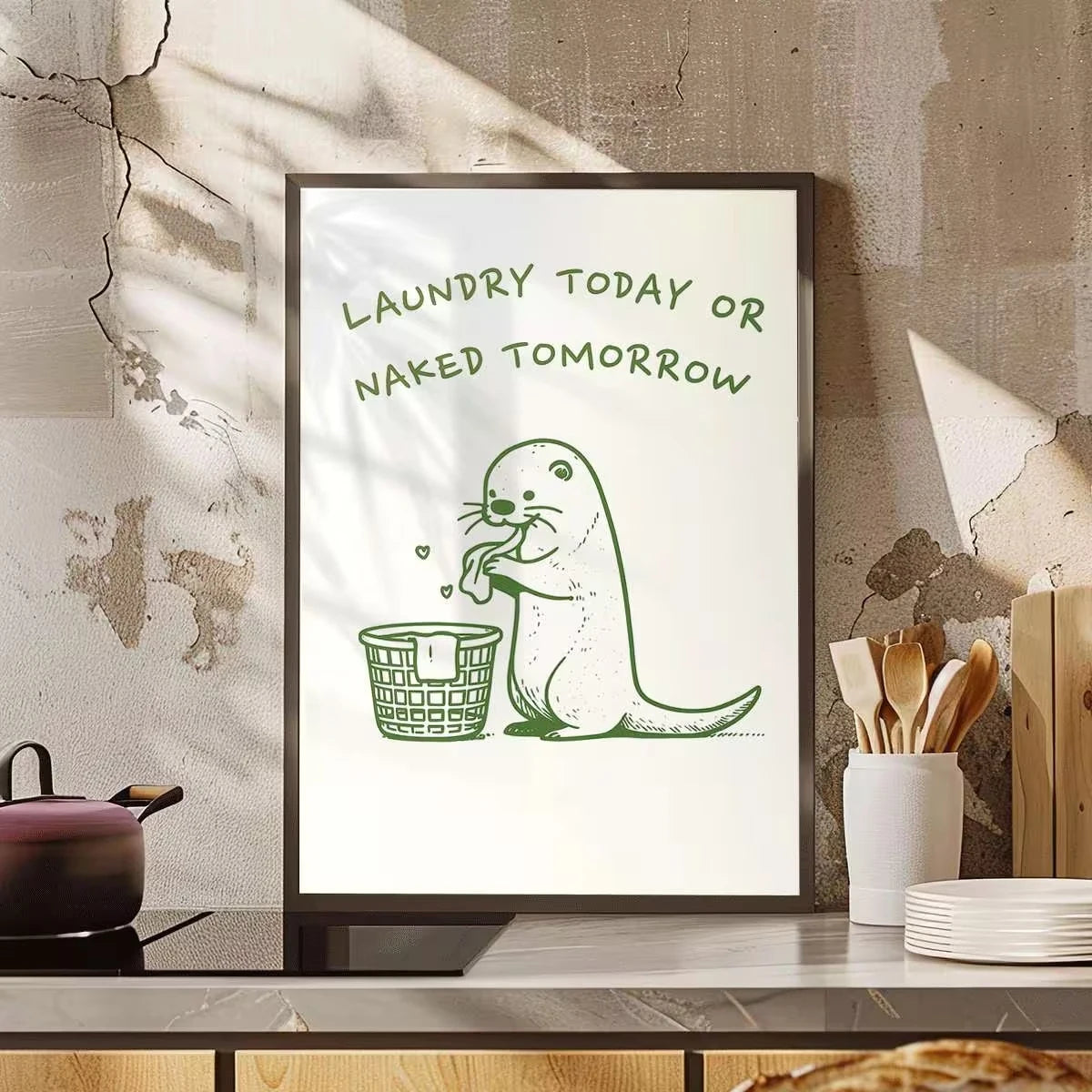 affiche murale otter humoristique blanche verte décoration chambre salon enfant illustration simple cadre métal