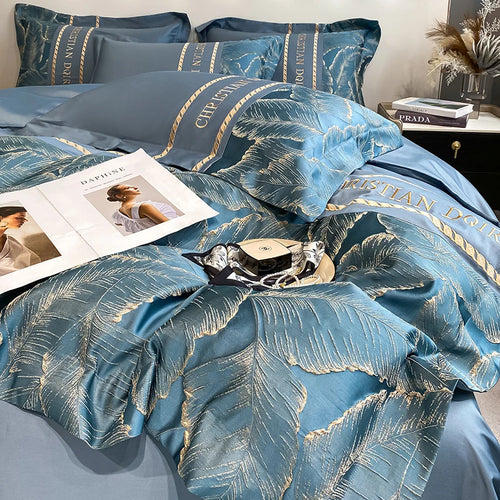 drap housse couette taies d'oreiller coton sergé feuilles dorées élégantes oreillettes beige bleu rose