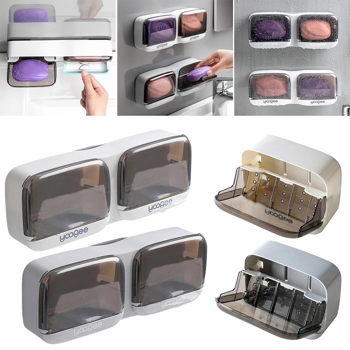 distributeur savon transparent moderne adhésif salle bain blanc gris violet rose