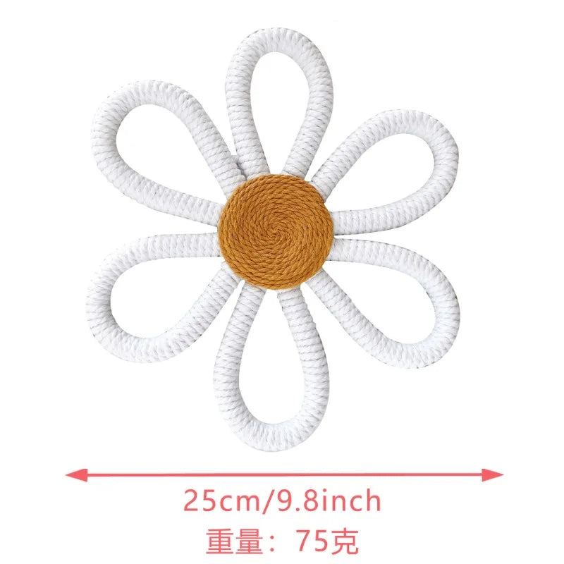 décoration murale corde tressée motif floral blanc jaune marron créative artisanale chambre salon 25cm