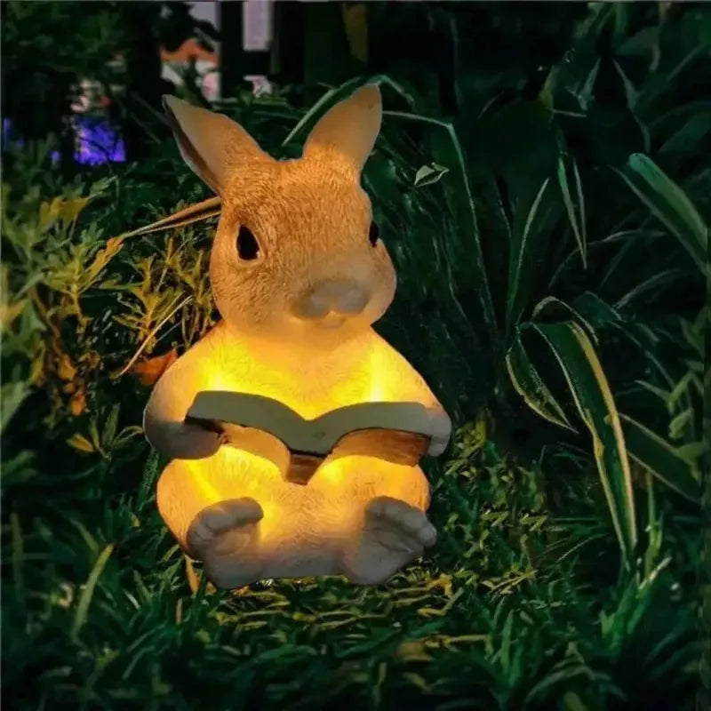 lampe solaire décorative animaux résine lapin hérisson livre tringle métallique extérieur ambre verte marron