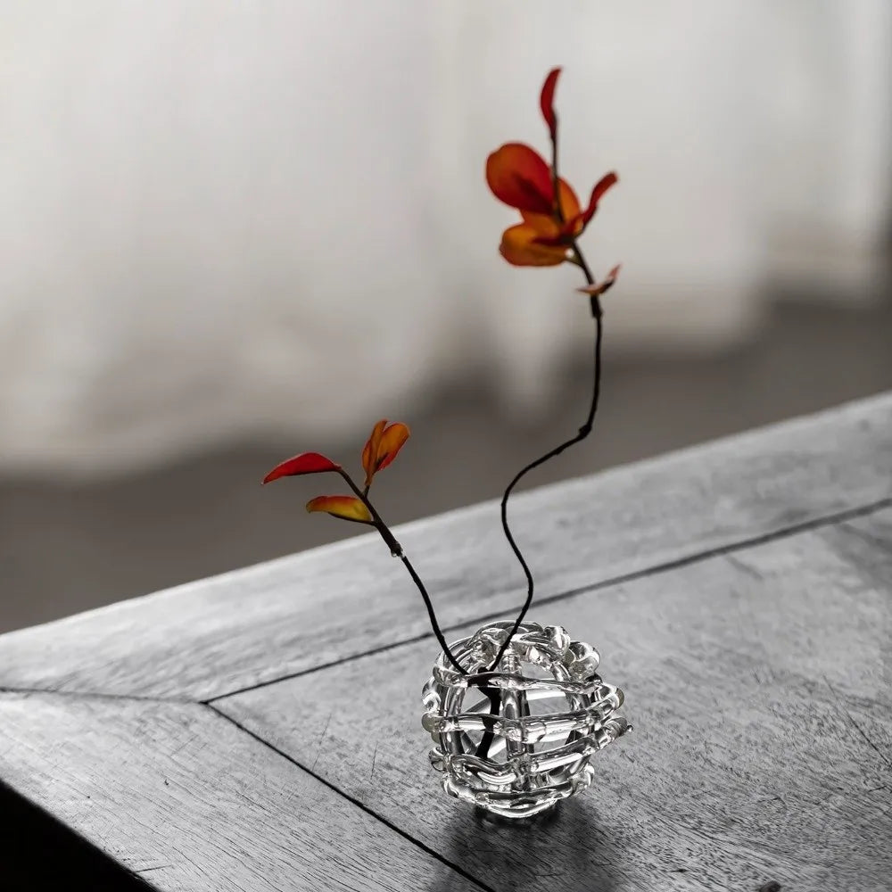 vase verre géométrique moderne transparent cercles superposés minimalisteintérieur fleur artificielle feuille