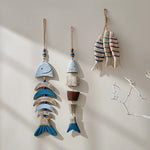 poisson décoratif bois rustique marin cordelette blanc bleu beige brun rayures horizontales coquille