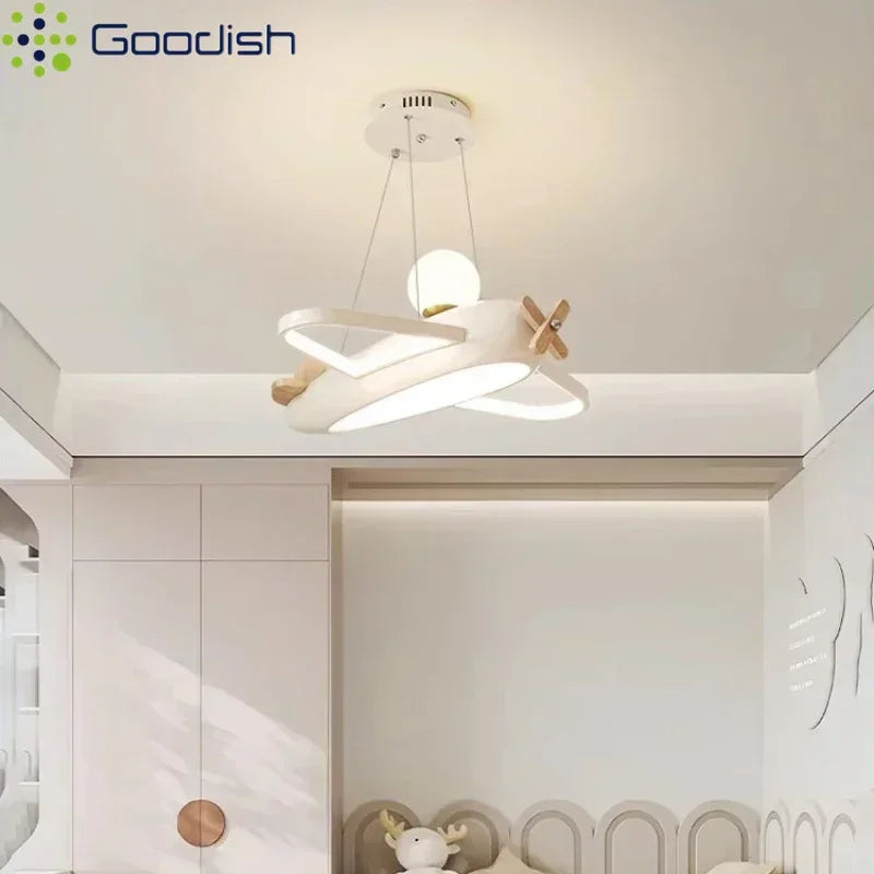 lampe suspendue moderne avion forme bois blanc chambre enfant enfantin chaînes fixées