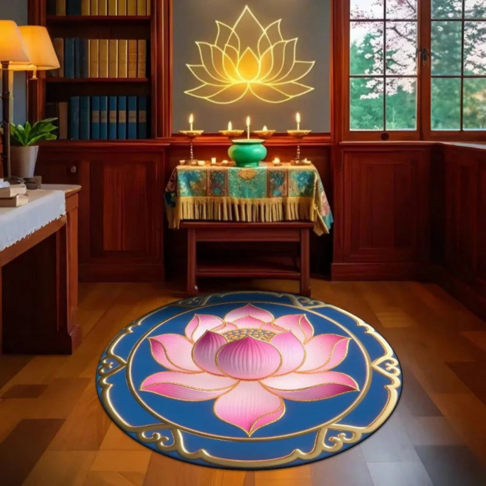 tapis rond fleur lotus vert rose blanc décoration zen salon chambre moderne ethnique