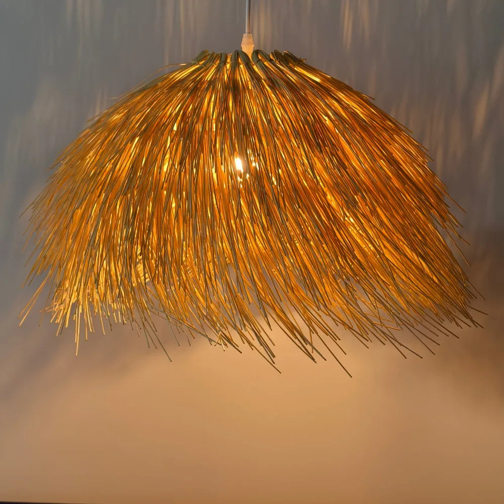 lampe suspendue moderne jaune doré fibres naturelles opacité artisanale métal suspension câble