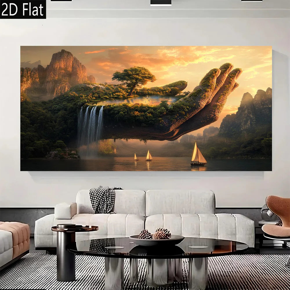 affiche murale paysage fantastique main géante îlot arbres cascades bateau coucher soleil abstraite multicolore