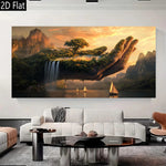 affiche murale paysage fantastique main géante îlot arbres cascades bateau coucher soleil abstraite multicolore