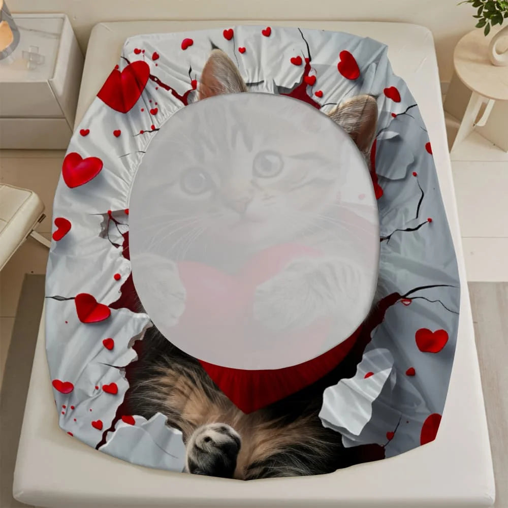 drap plat motif chaton cœur rouge moderne gris coton polyester lit chambre