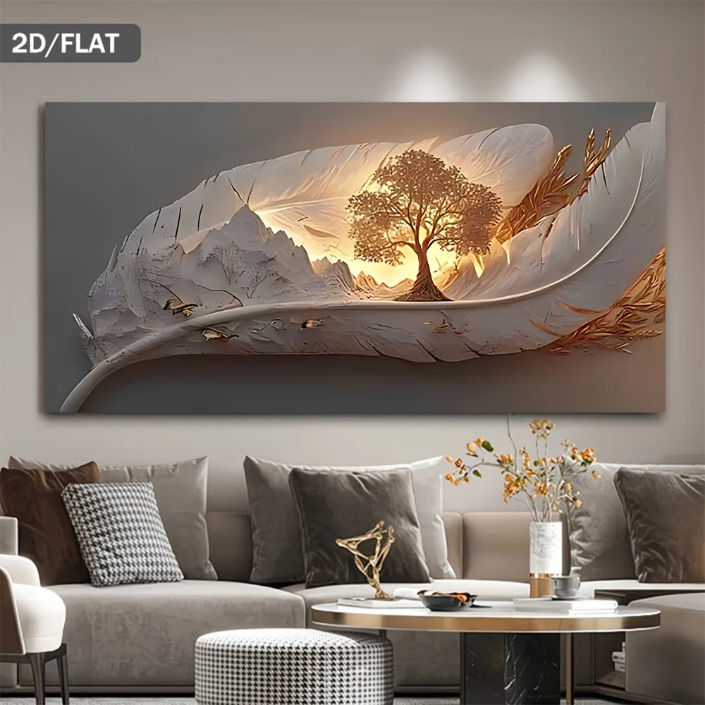 toile d'art paysage abstrait arbre central motifs organiques moderne gris doré minimaliste