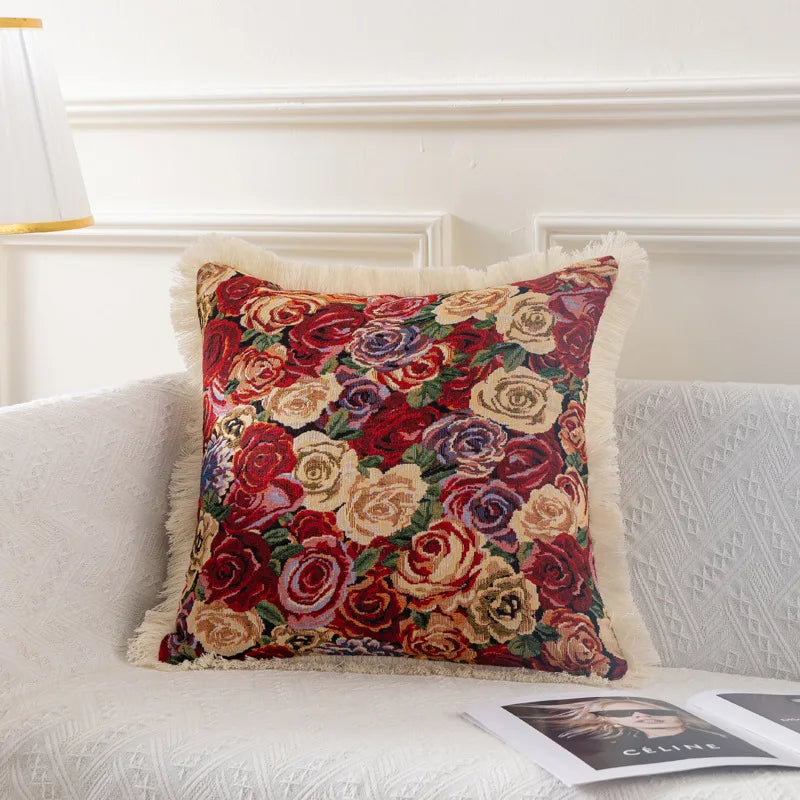 taies d'oreiller jacquard vintage motif floral multicolore coton polyester adhésif lit maison