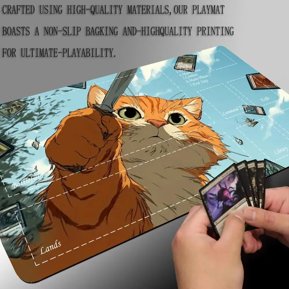 tapis jeu playmat chat épée cartes géométrique orange noir rouge illustration animateur