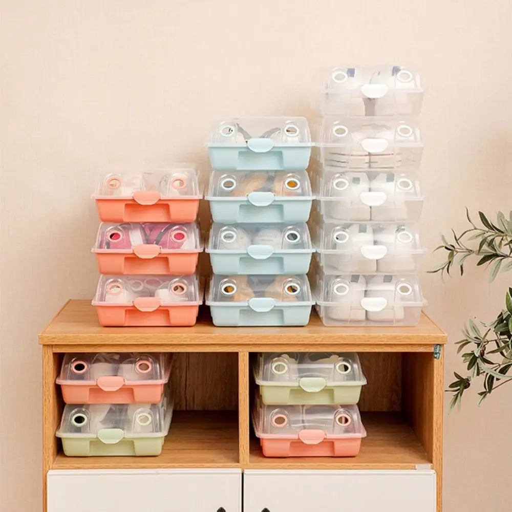 boîtes rangement transparentes modernes empilables anti poussière orange bleu clair vert pastel