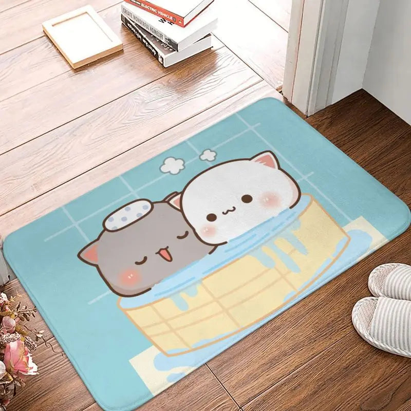 tapis sol moderne motif chat mignon mangeant nouilles rose gris blanc intérieur extérieur