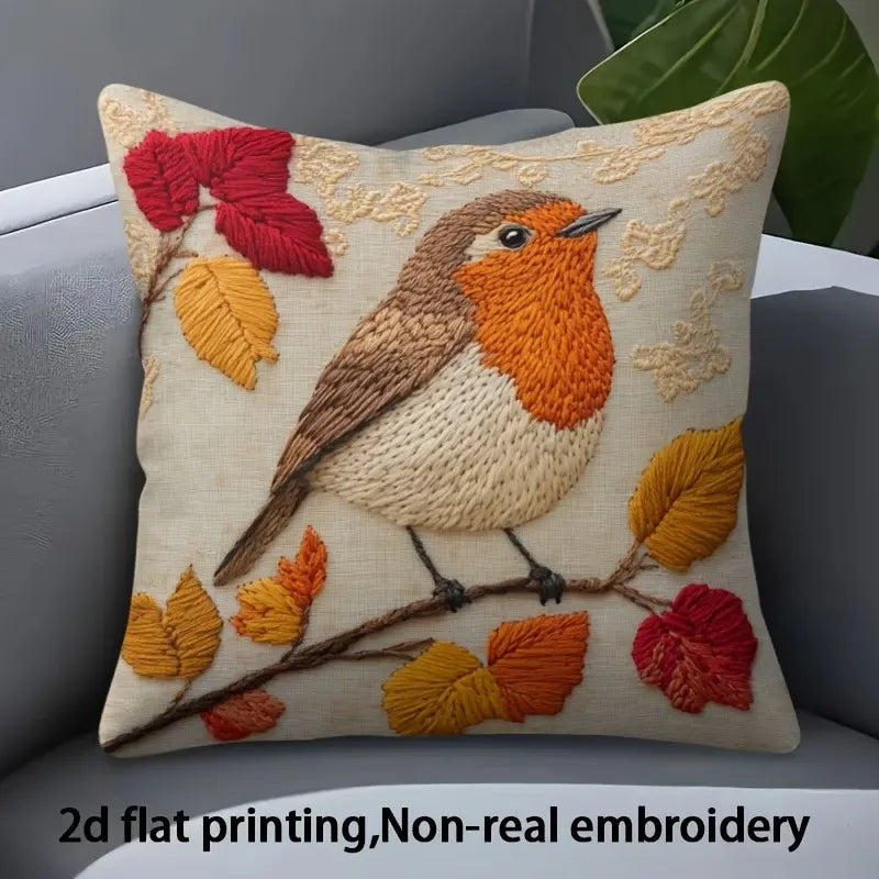 housse coussin imprimé robin feuilles d'automne dentelle beige rustique décoration maison amovible lavable polyester