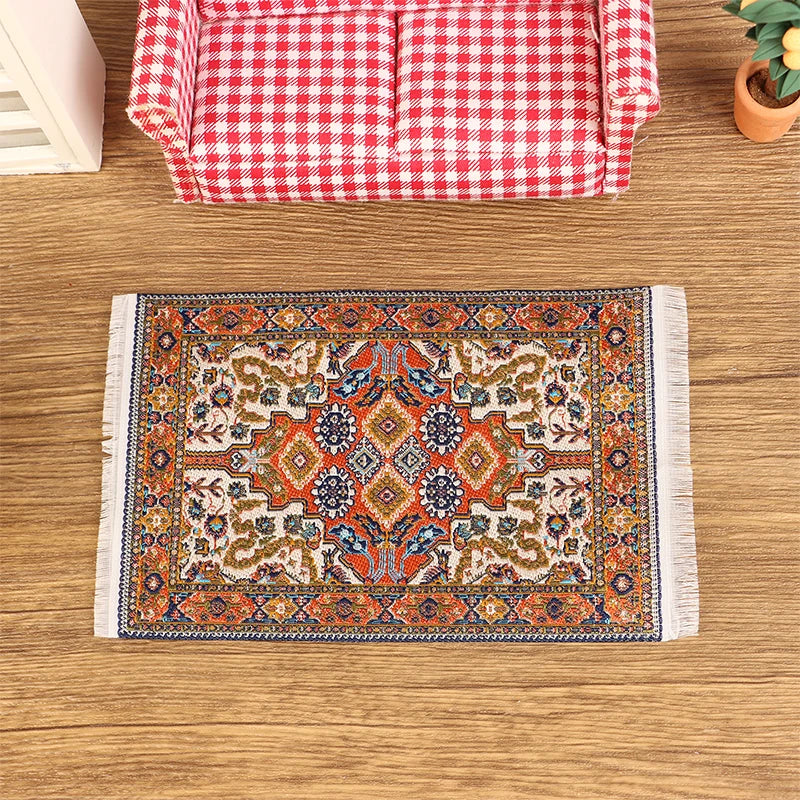 tapis miniature animaux nature ornements floraux motifs géométriques franges classique vert rouge