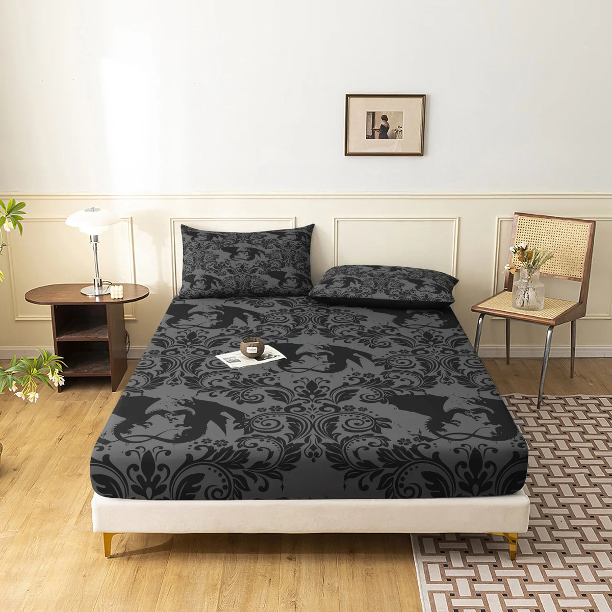 draps plats taies oreillers motif dragons noir classique imprimé gothique lit
