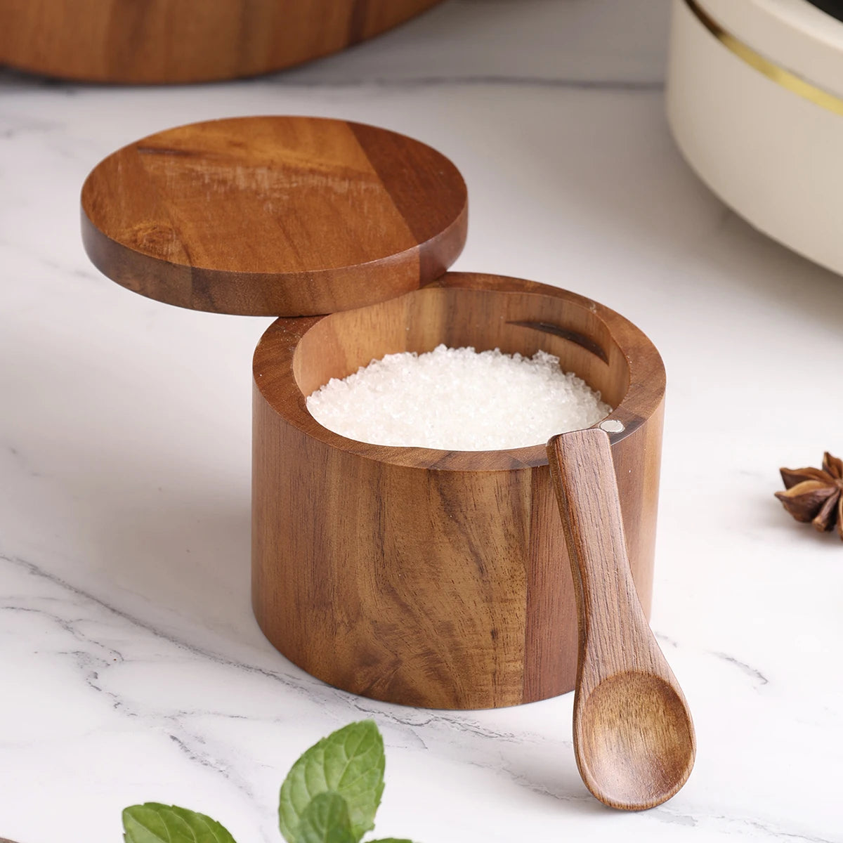 pot épices bois massif marron clair cuillère incluse sel épices moderne rustique cuisine réutilisable