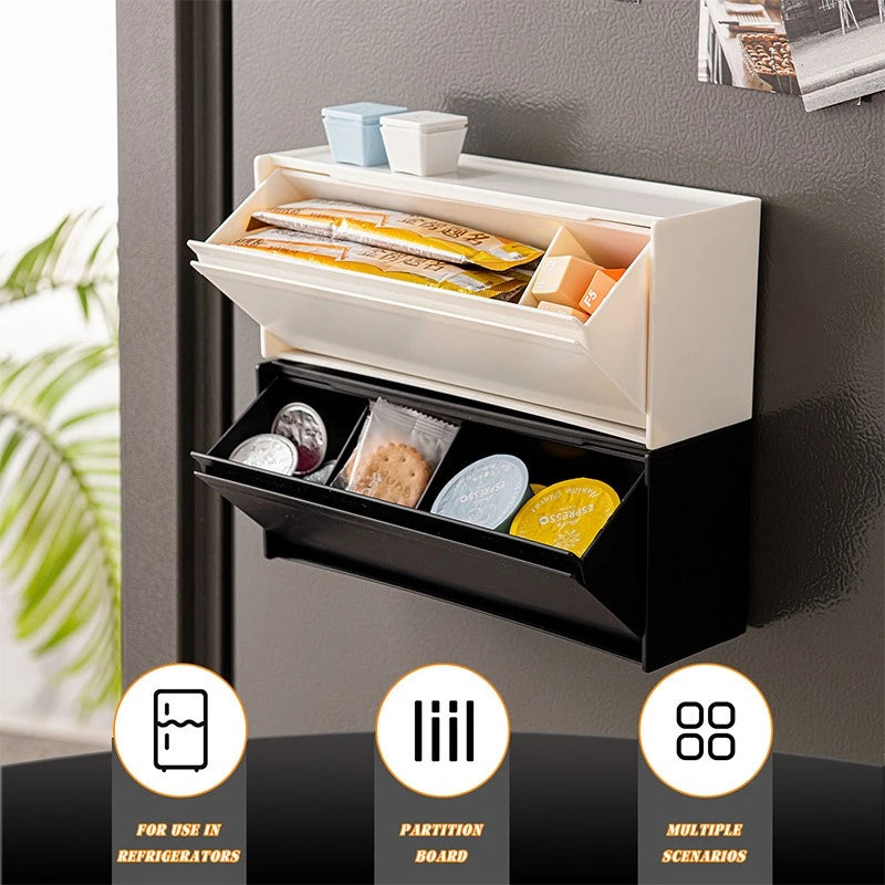 boîte rangement murale adhésive moderne compartimentée écouteurs montres lunettes blanc noir