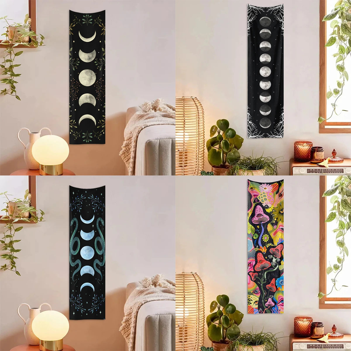 tapisserie murale moderne lunes phases motifs floraux champignons abstraits noir blanc vert rose jaune