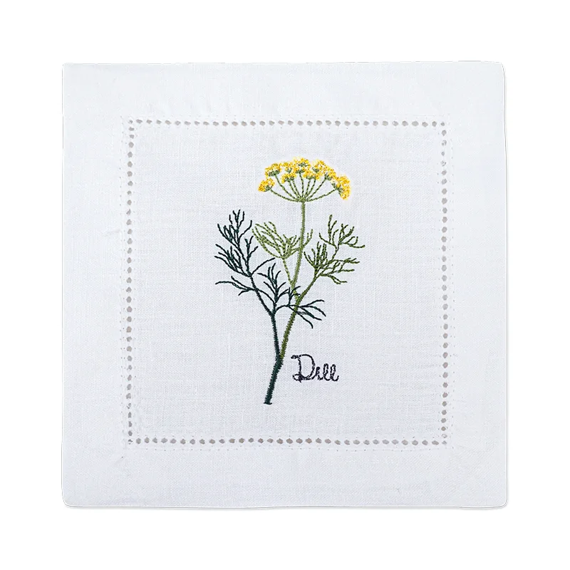 serviette cuisine lin blanc brodée motifs plantes aromatiques naturelle table élégante