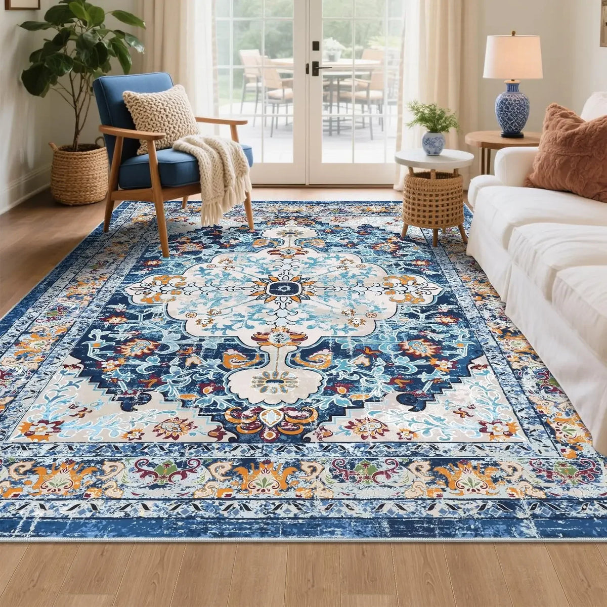 tapis marron bleu beige floral géométrique classique salon chambre 80x120cm