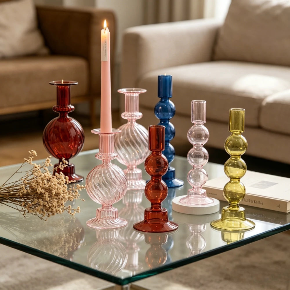 bougeoirs verre coloré transparent moderne rouge rose vert bleu blanc décoration maison fête mariage